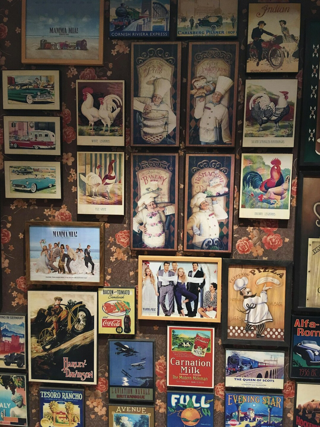 Wall covered with layered vintage advertising posters